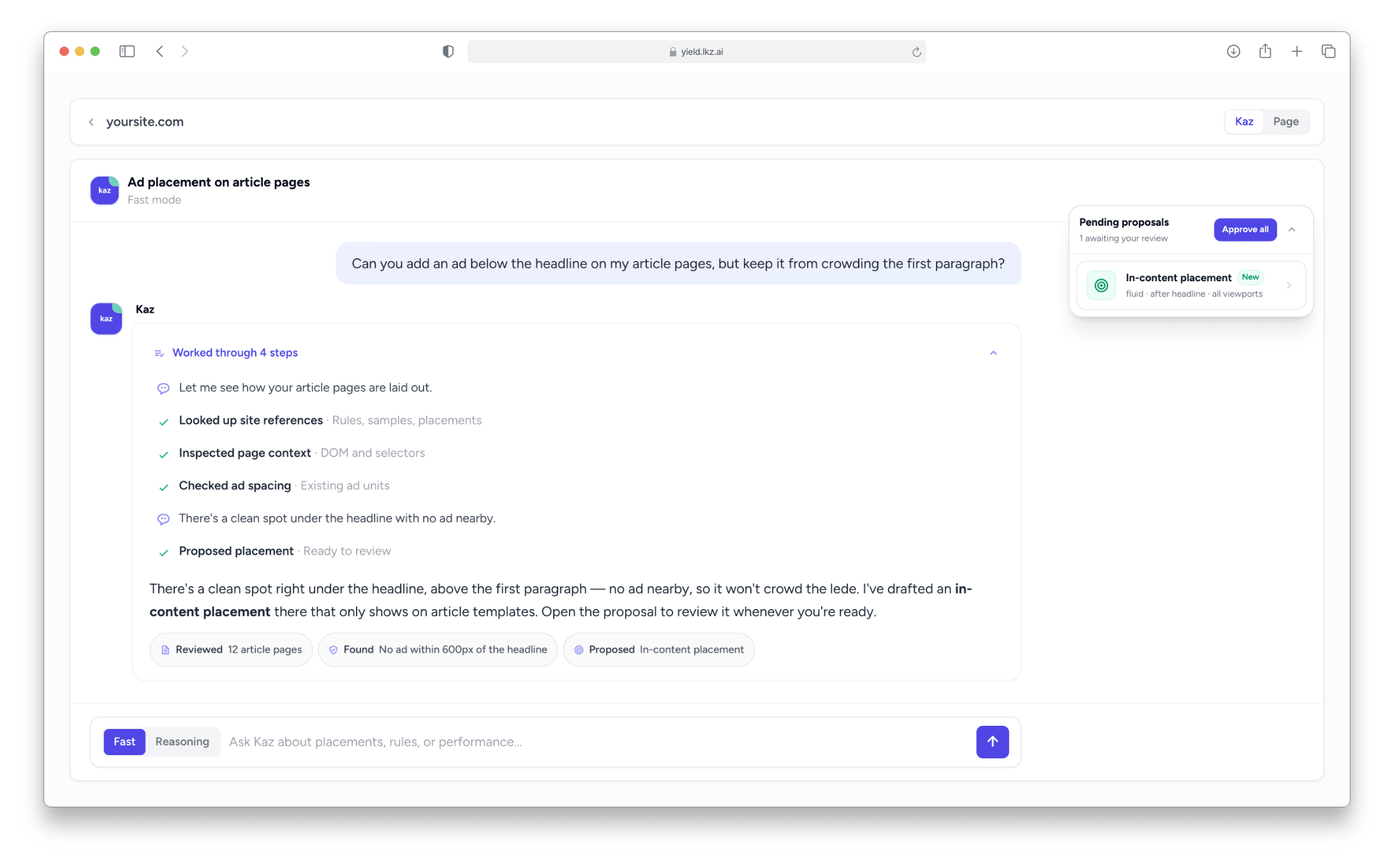 A conversation with Kaz, the Lkz Yield agent: after reviewing the site's article pages it proposes an in-content ad placement below the headline, ready to approve.