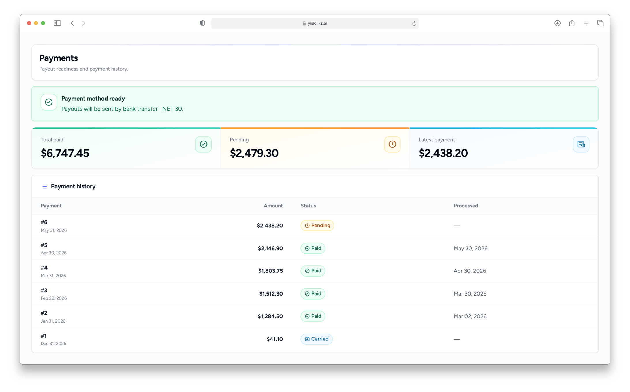 The Lkz Yield payments screen: payout readiness, total paid and pending amounts, and a payment history table.