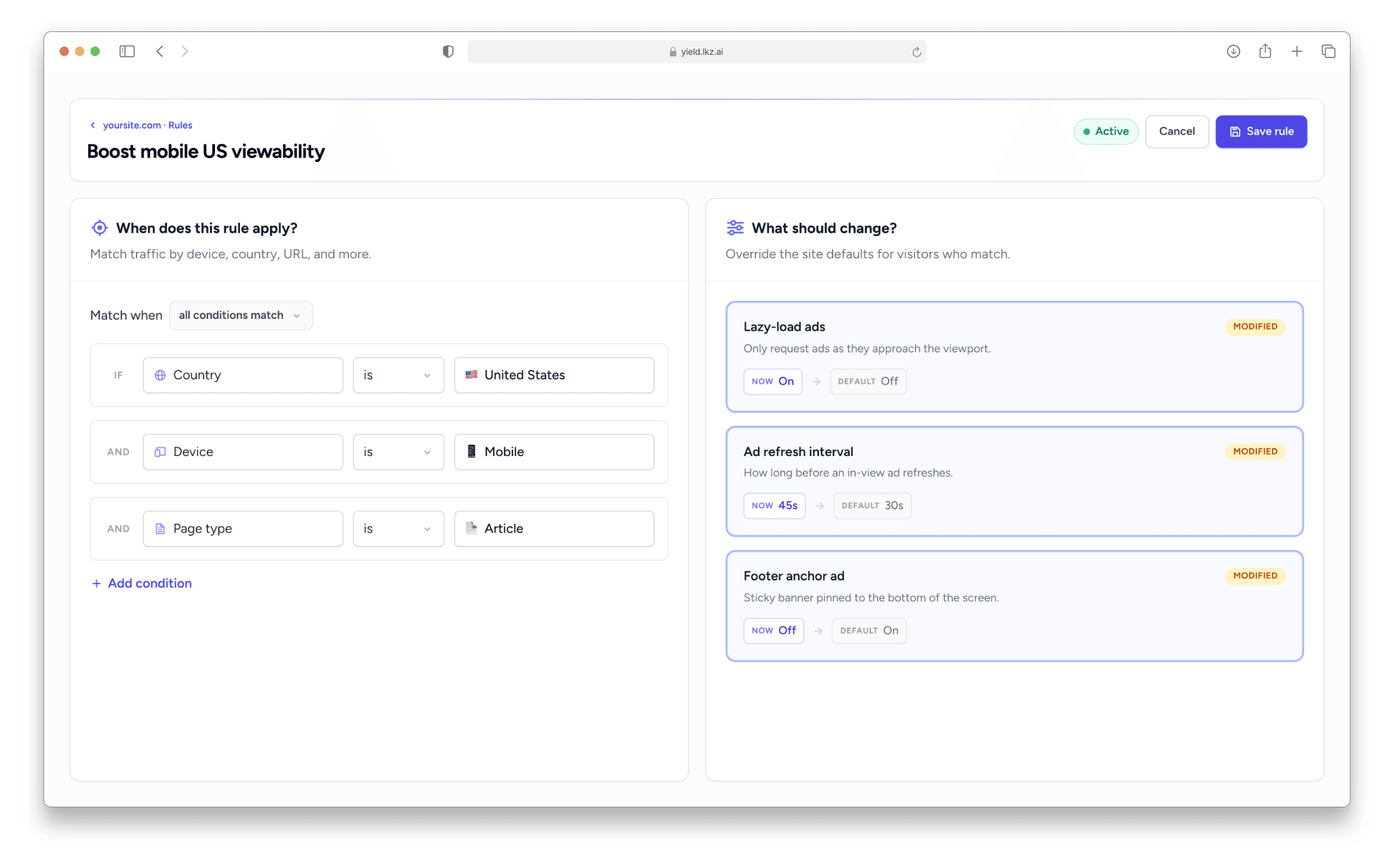 The Lkz Yield rules editor: a 'Boost mobile US viewability' rule matching US mobile article traffic, with lazy-load, refresh-interval, and footer-anchor overrides.