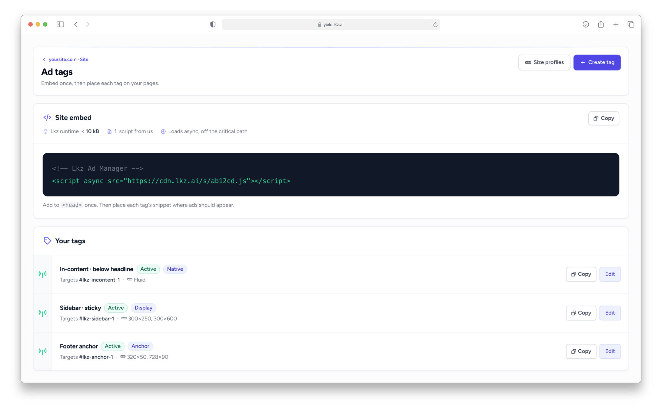 The Lkz Yield ad-tags screen: a single async embed script for the site, plus a list of configured placements you can copy or edit.