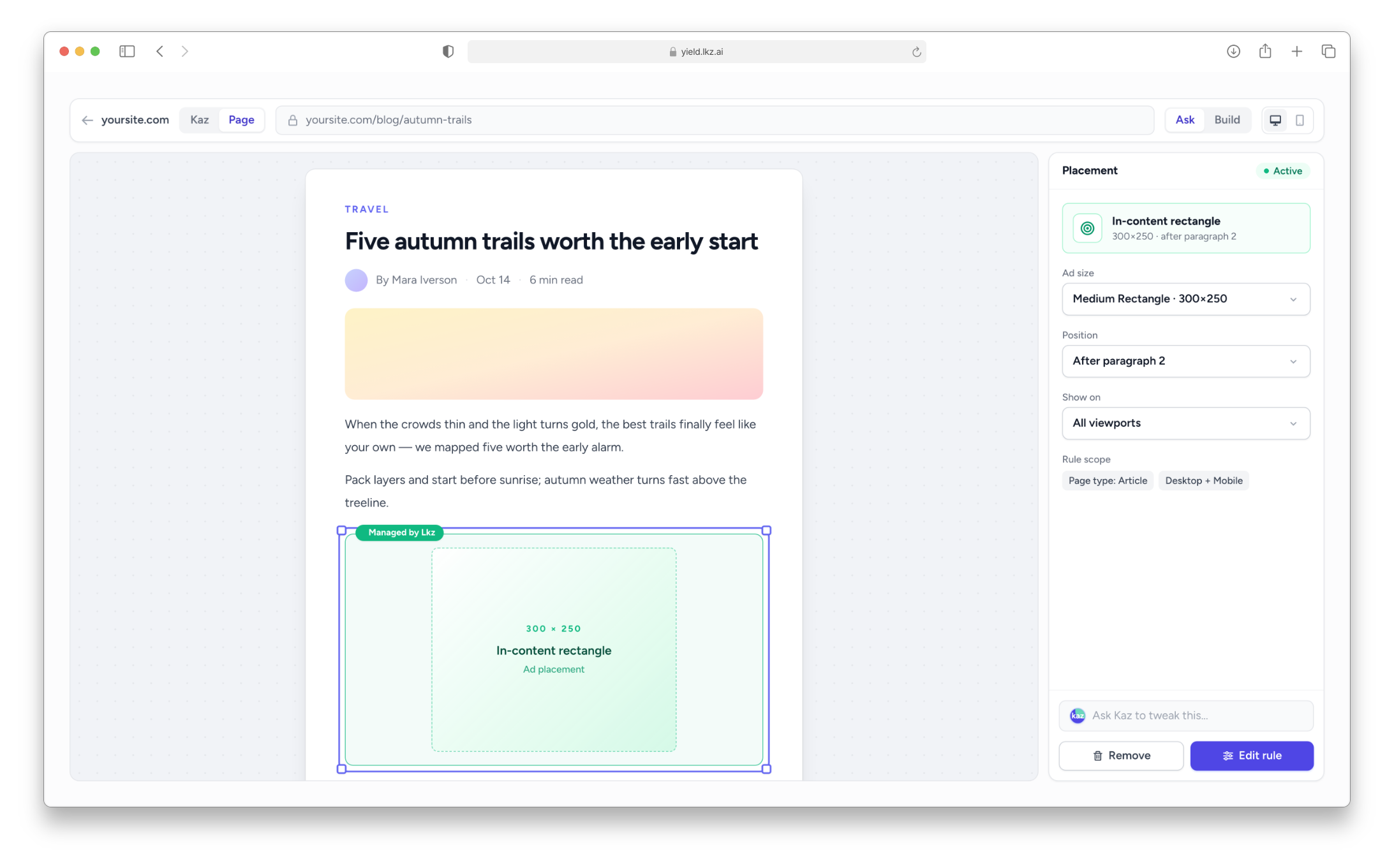 The AI Workbench previewing a real article page with a managed in-content rectangle placement highlighted, and a panel on the right showing its size, position (after paragraph 2), viewport scope, and rule details, with an Ask/Build toggle at the top.