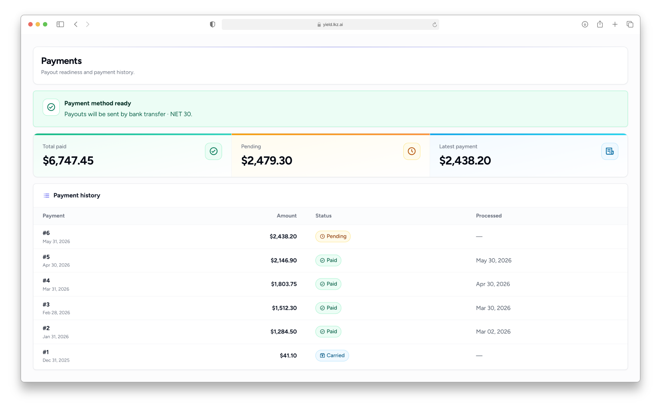 The Lkz Yield payments screen: payout readiness, total paid and pending amounts, and a payment history table.