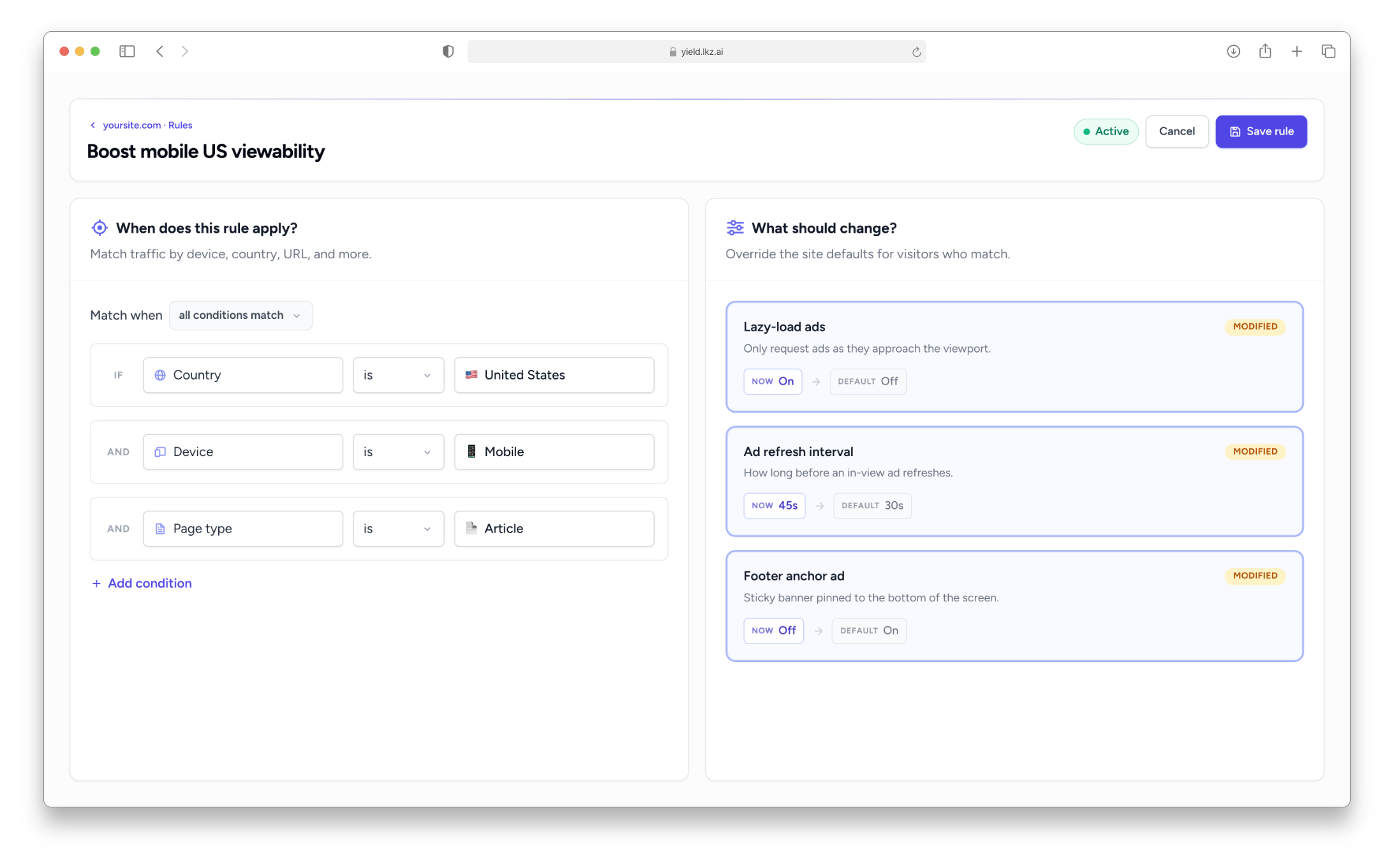The Lkz Yield rules editor: a 'Boost mobile US viewability' rule matching US mobile article traffic, with lazy-load, refresh-interval, and footer-anchor overrides.