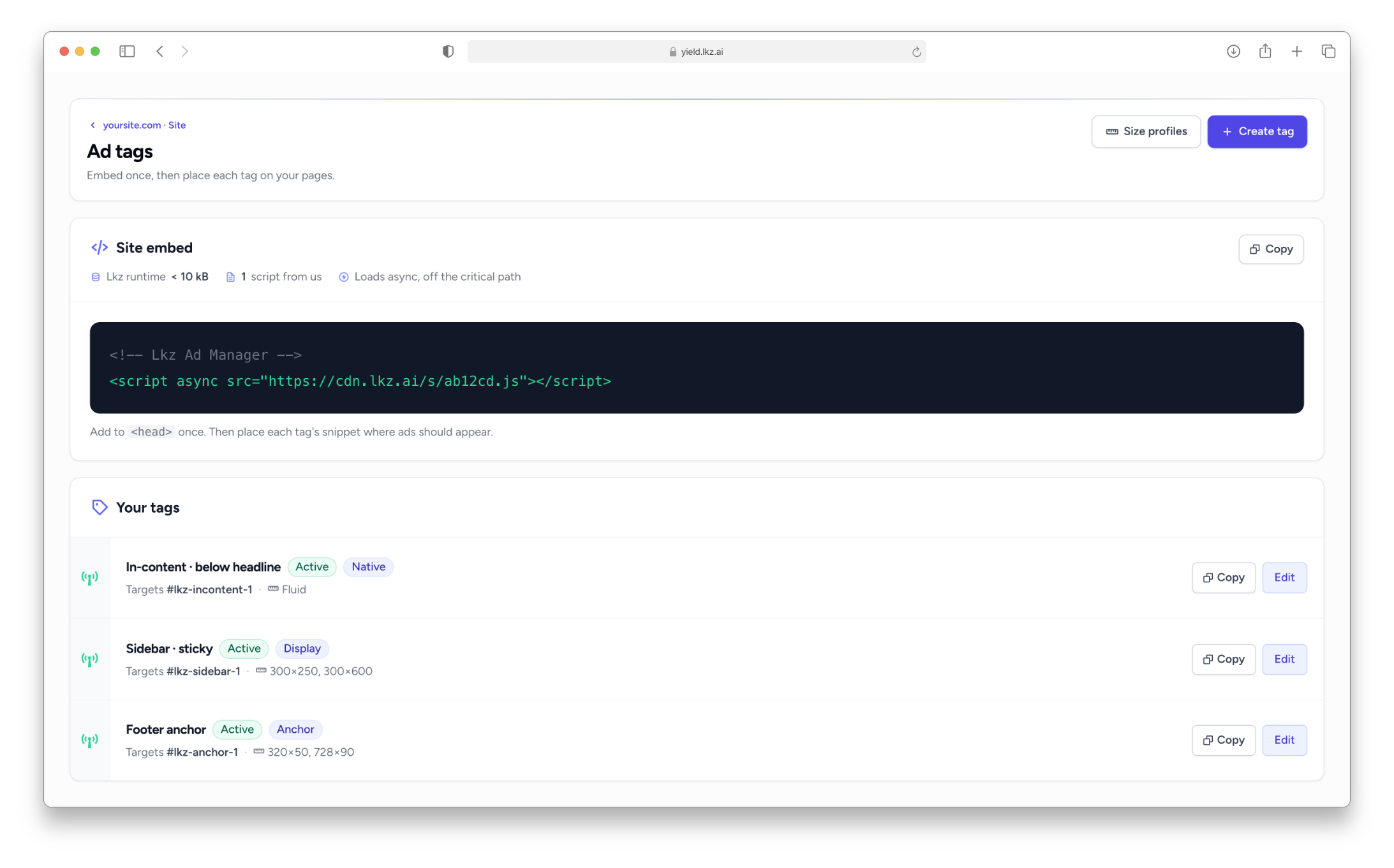 The Lkz Yield ad-tags screen: a single async embed script for the site, plus a list of configured placements you can copy or edit.